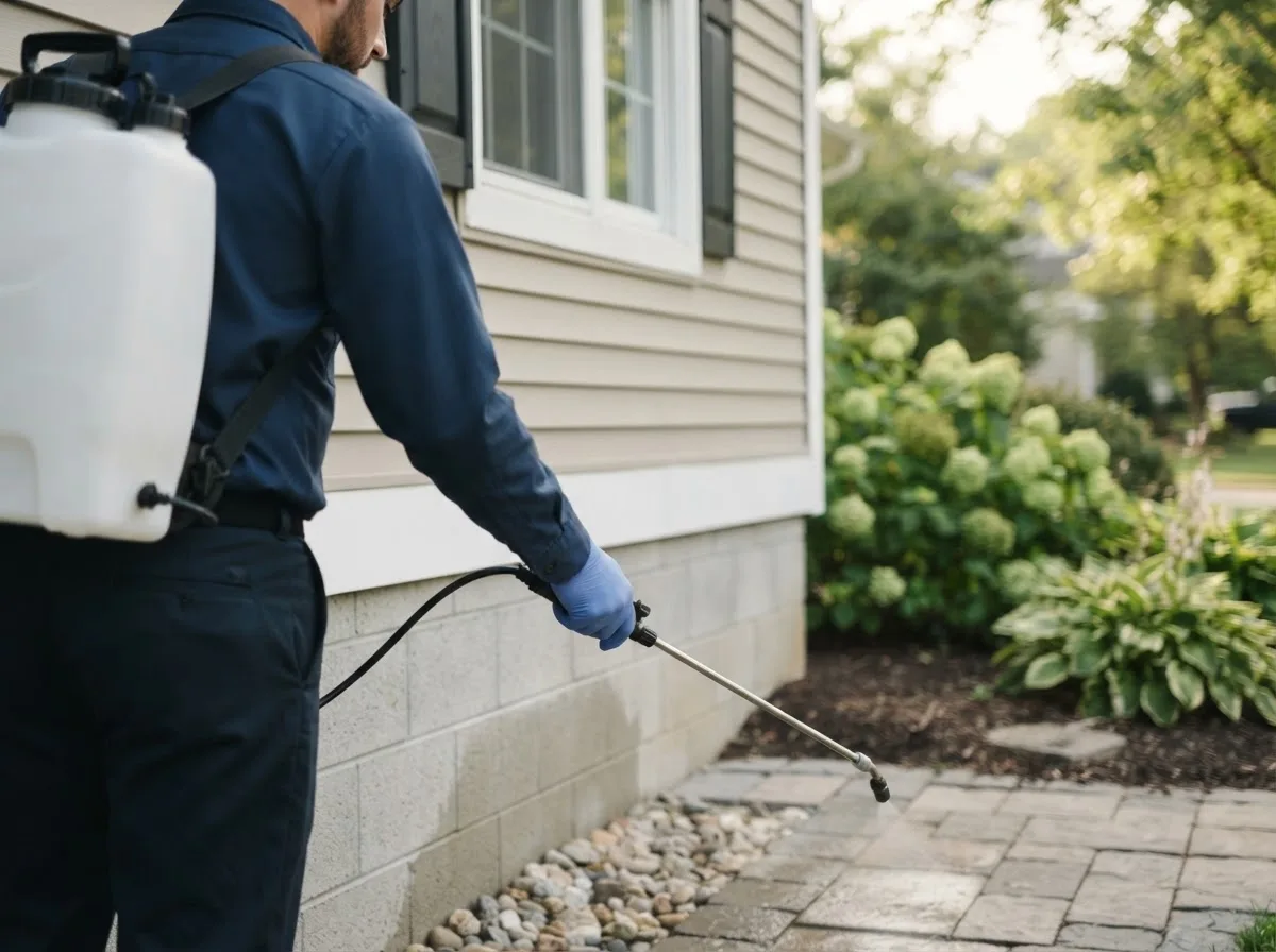 Pest control technician inspecting a home in Easton, IL